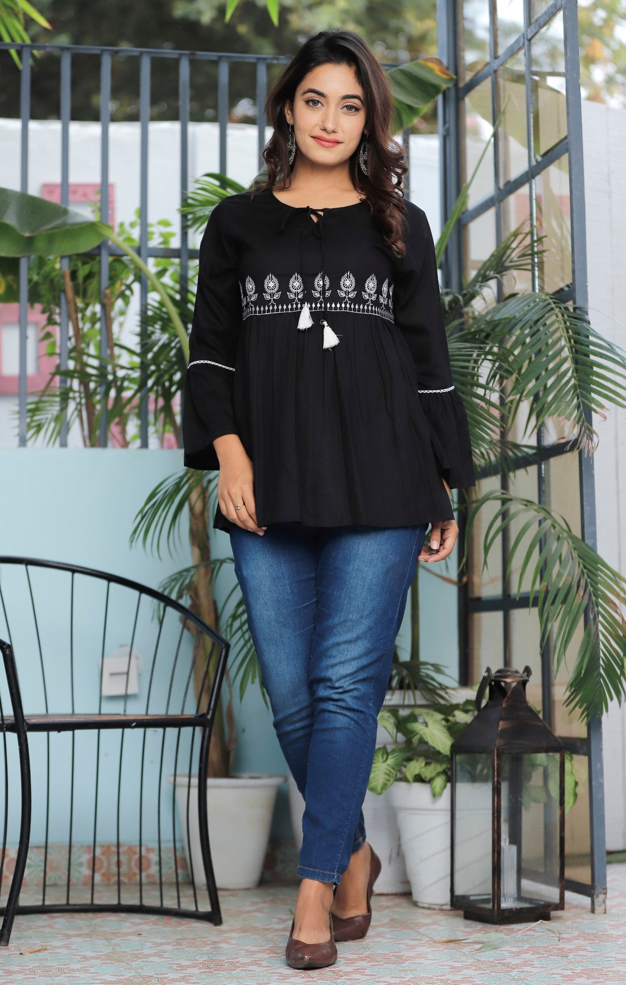 Black Cotton Blend Solid Print Top-1100