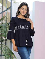 Blue Cotton Blend Solid Print Top-1100