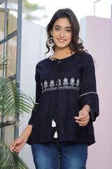 Blue Cotton Blend Solid Print Top-1100