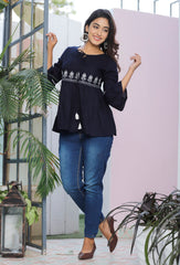 Blue Cotton Blend Solid Print Top-1100