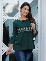 Green  Cotton Blend Solid Print Top-1100