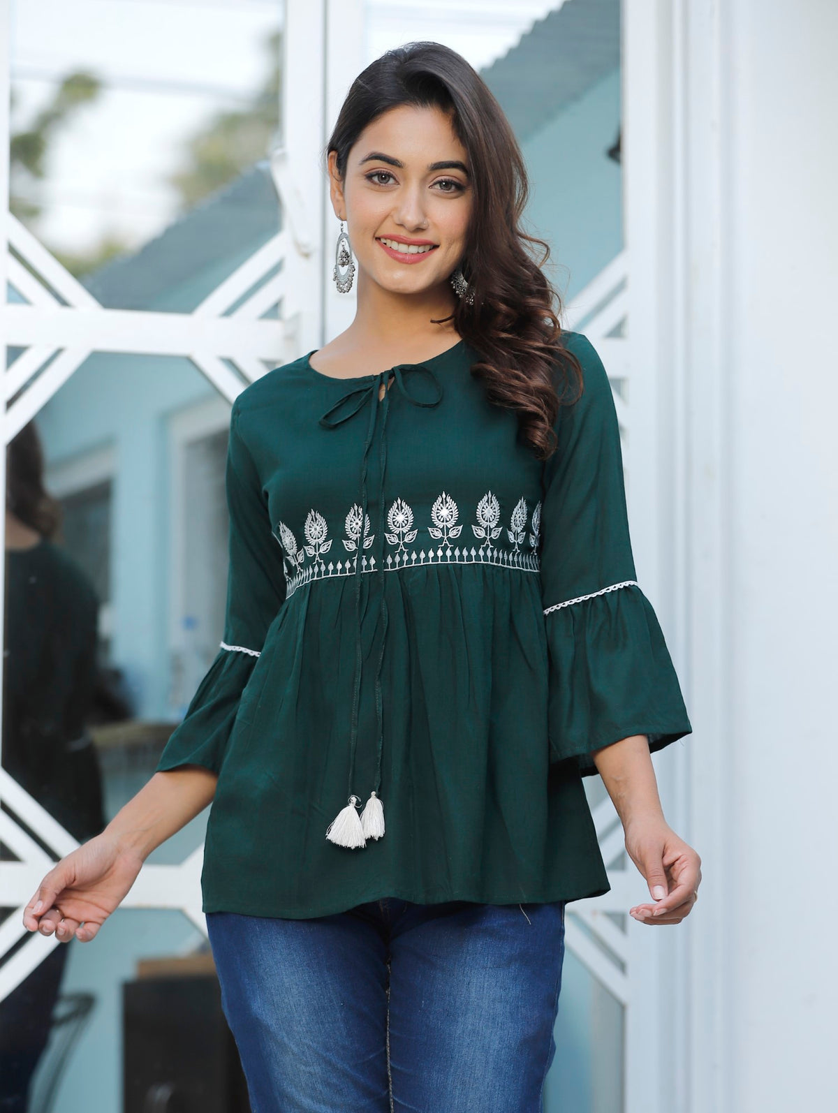 Green  Cotton Blend Solid Print Top-1100