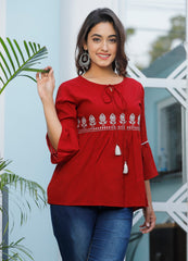 Red Cotton Blend Solid Print Top-1100