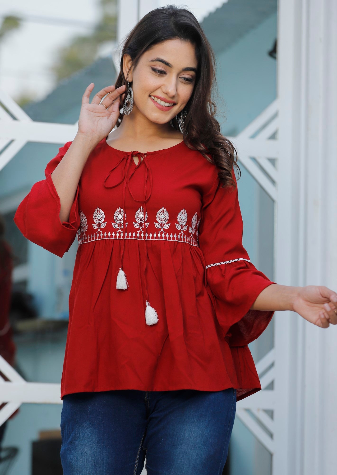 Red Cotton Blend Solid Print Top-1100