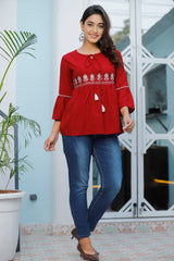 Red Cotton Blend Solid Print Top-1100