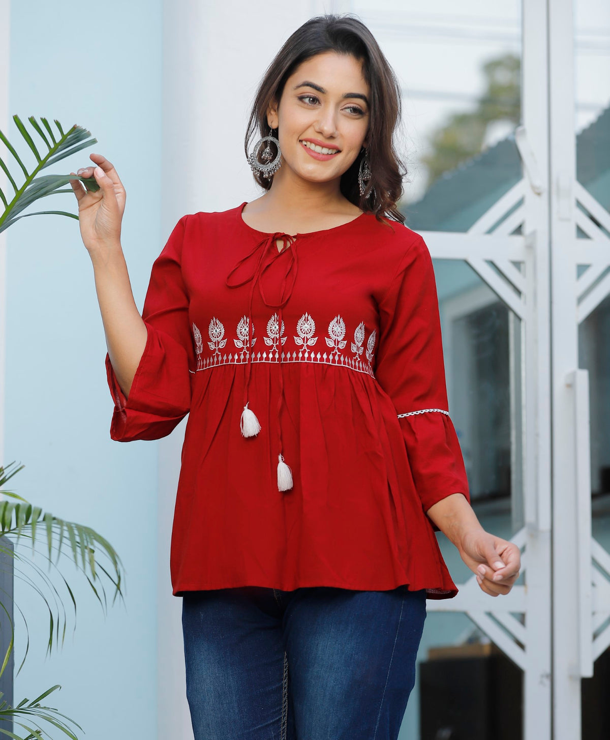 Red Cotton Blend Solid Print Top-1100