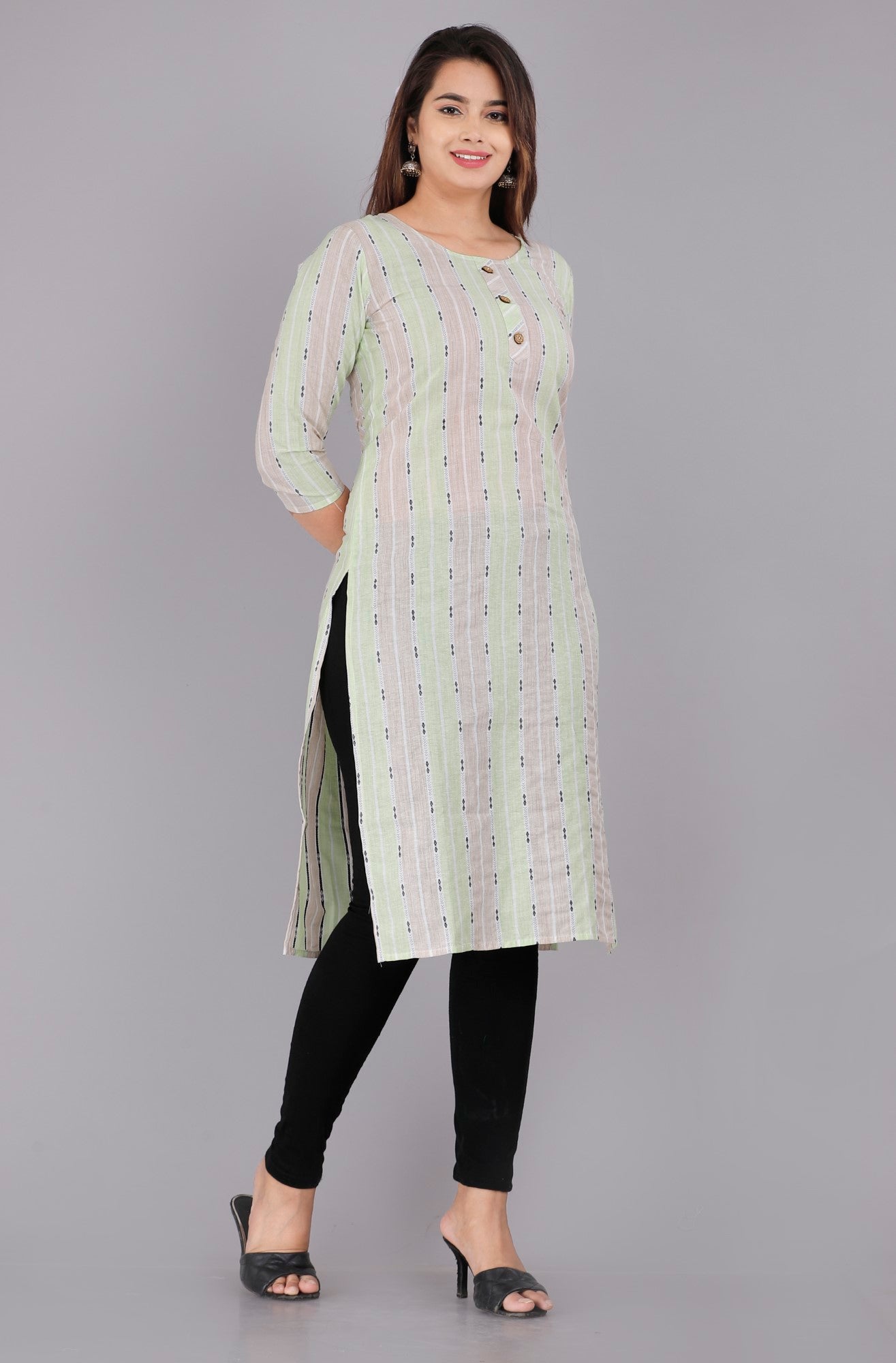 Blue Cotton Striped Print Straight Kurta-1117