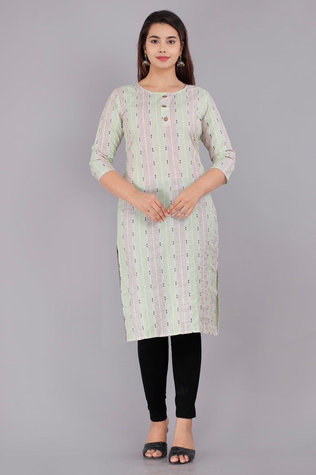 Blue Cotton Striped Print Straight Kurta-1117