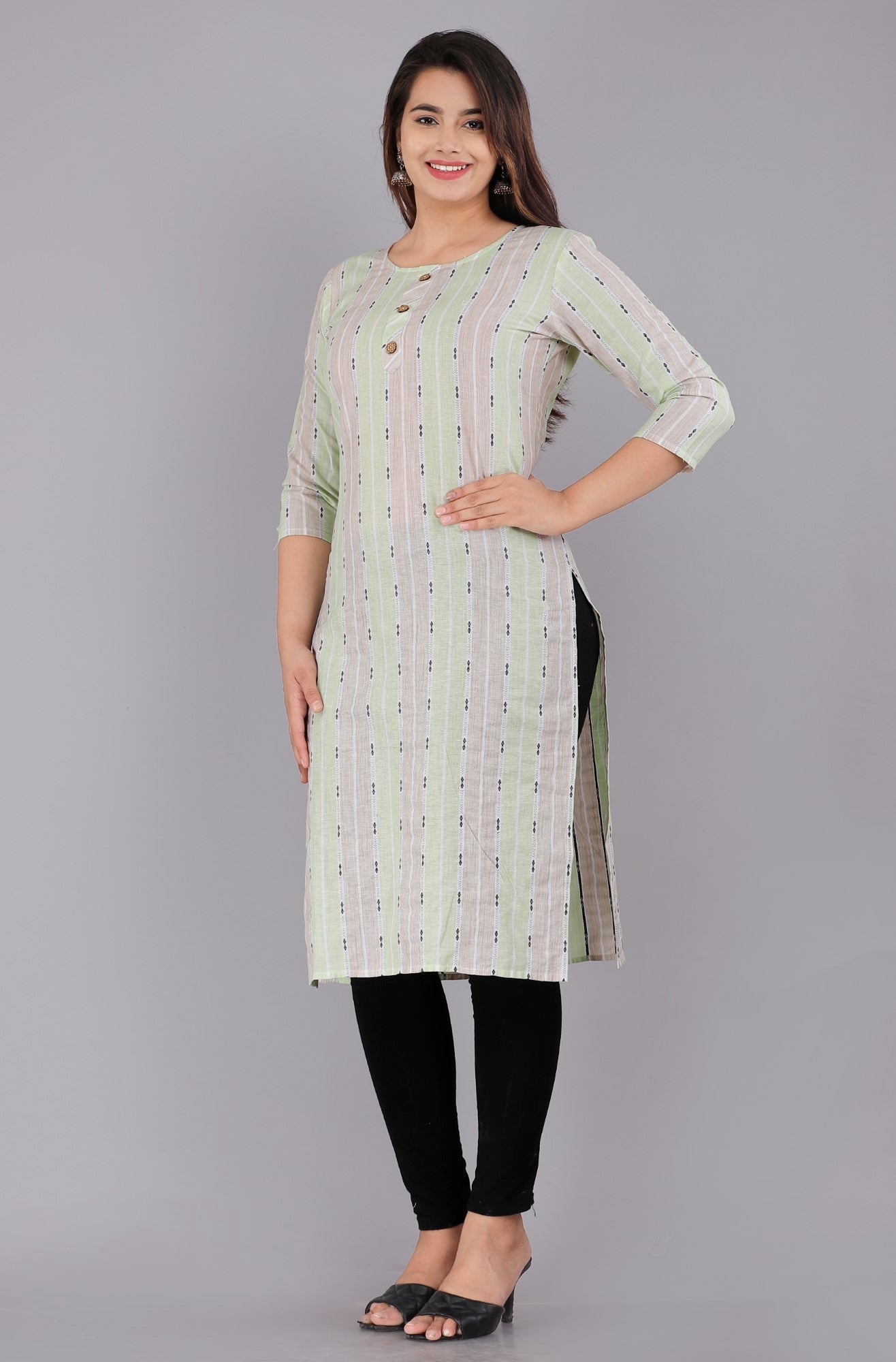 Blue Cotton Striped Print Straight Kurta-1117