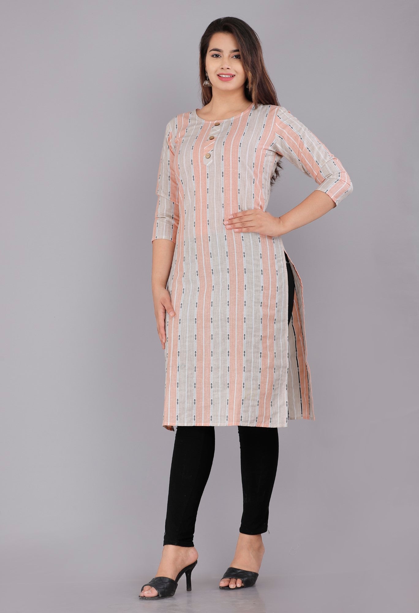 Peach Cotton Striped Print Straight Kurta-1117