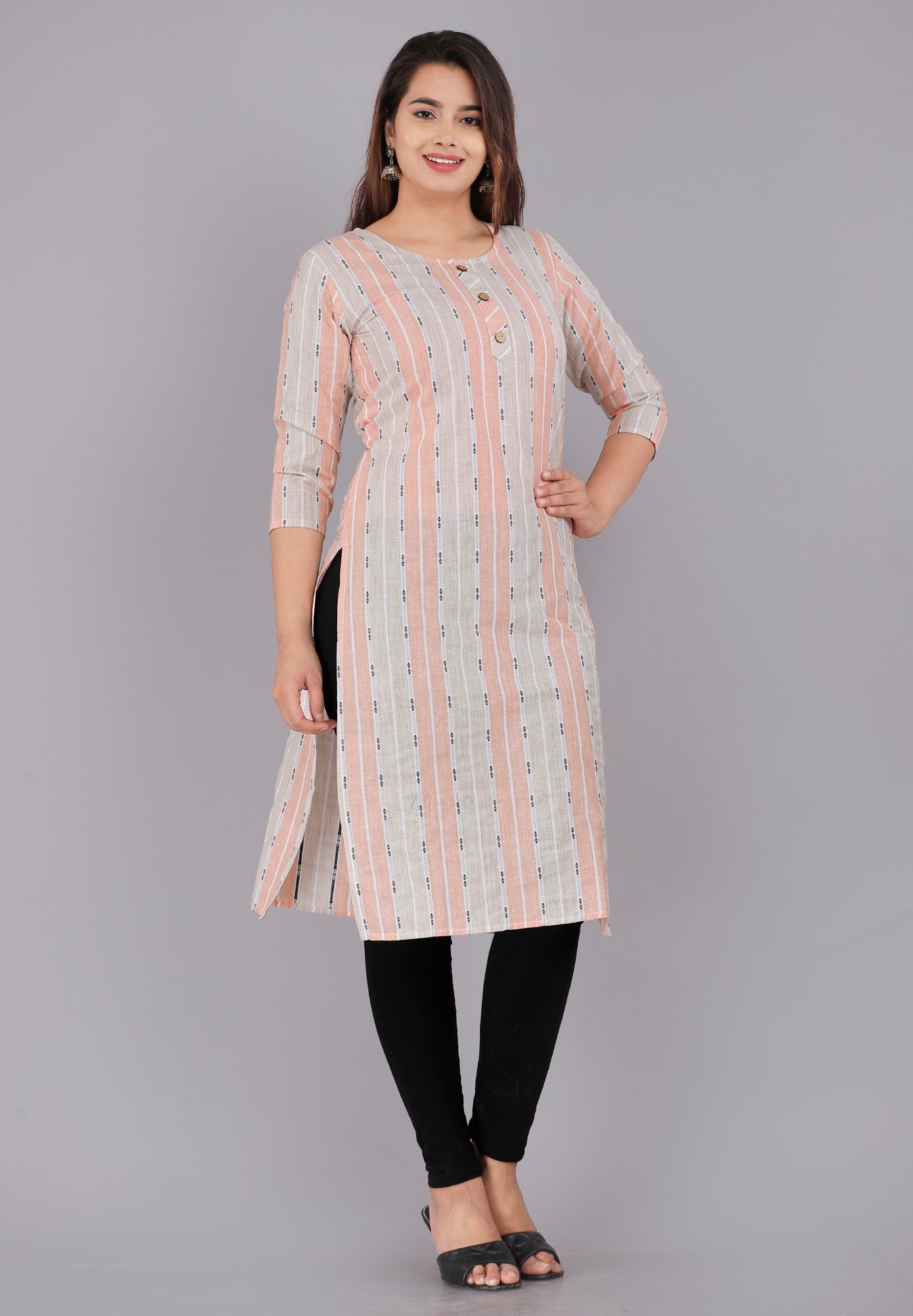 Peach Cotton Striped Print Straight Kurta-1117