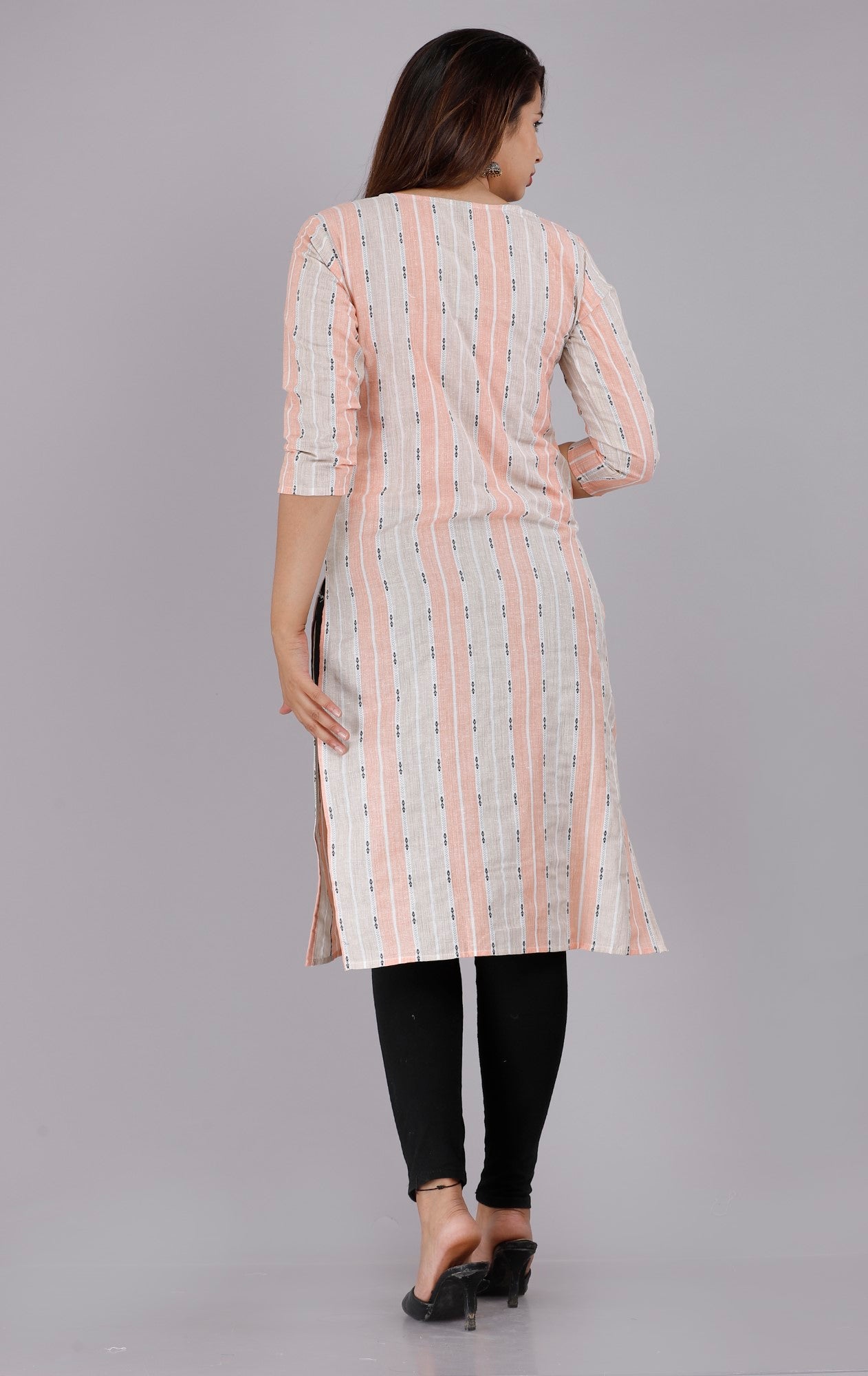 Peach Cotton Striped Print Straight Kurta-1117