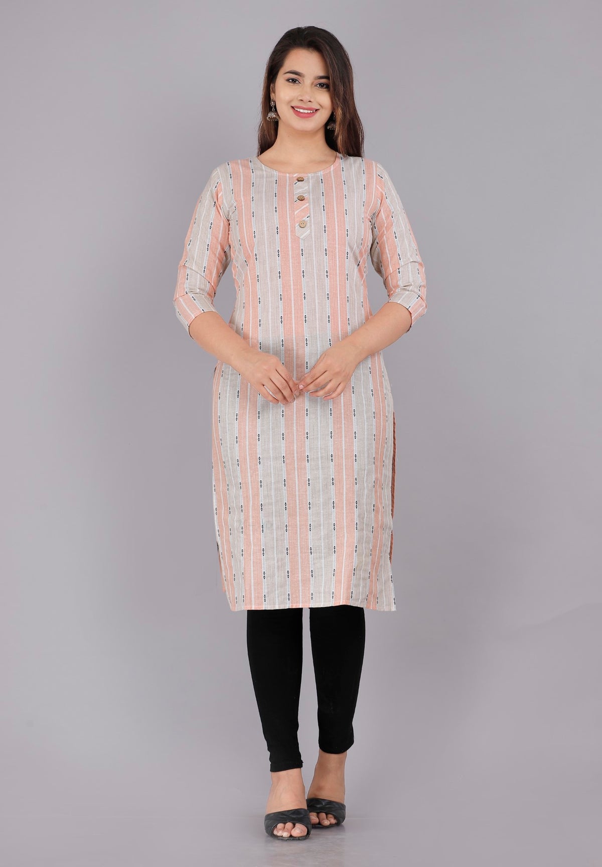 Peach Cotton Striped Print Straight Kurta-1117