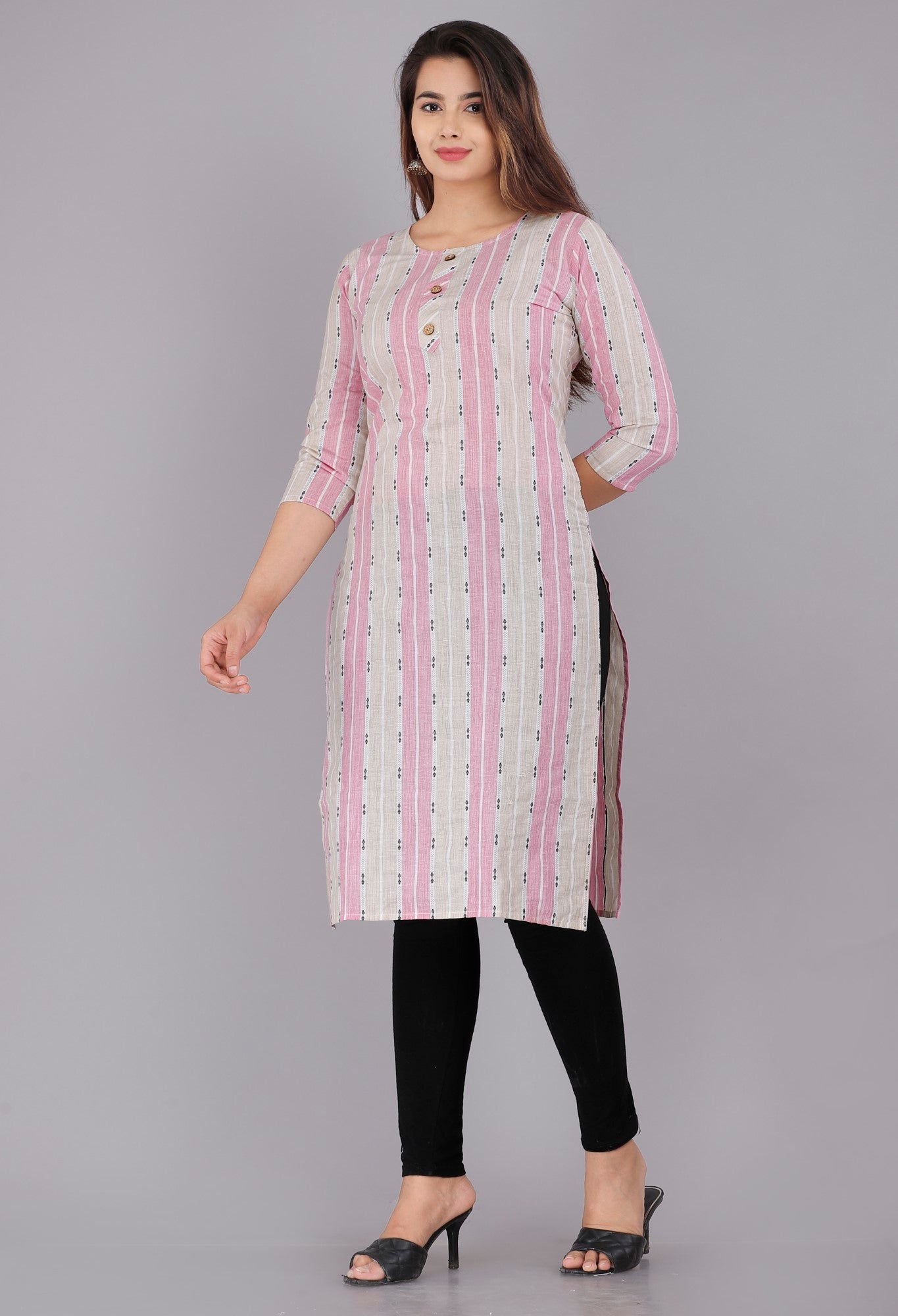 Pink Cotton Striped Print Straight Kurta-1117