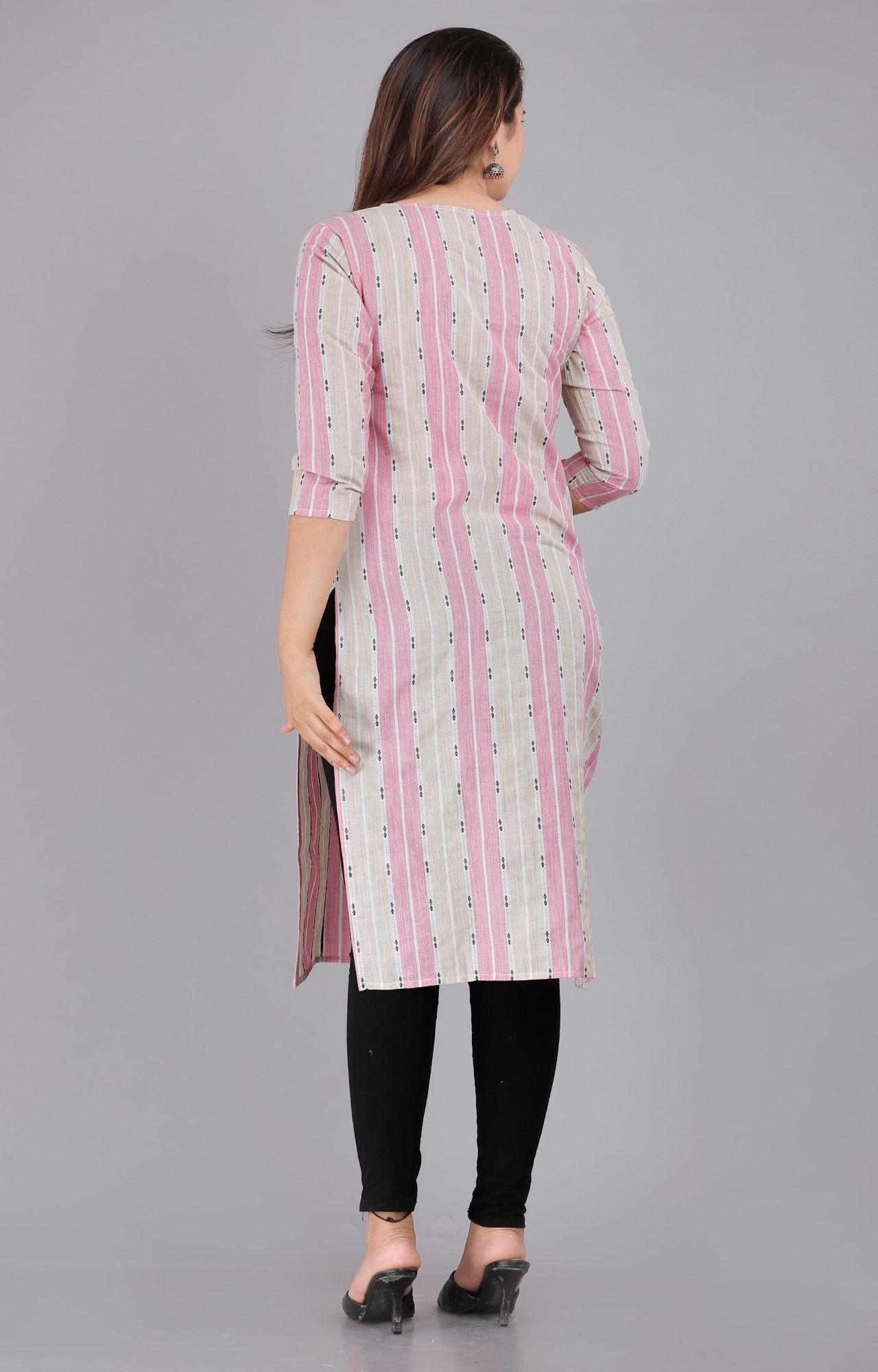 Pink Cotton Striped Print Straight Kurta-1117