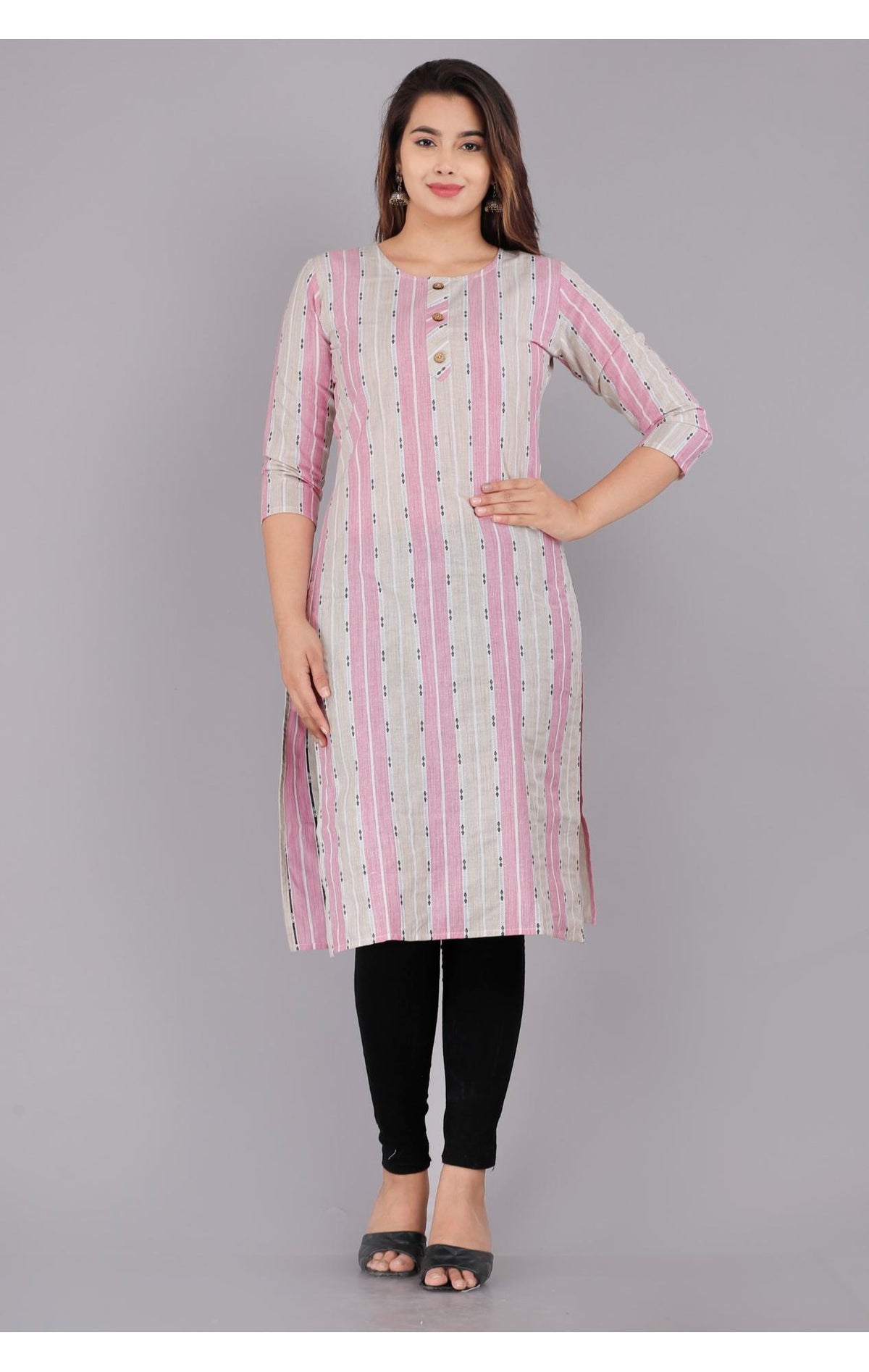 Pink Cotton Striped Print Straight Kurta-1117