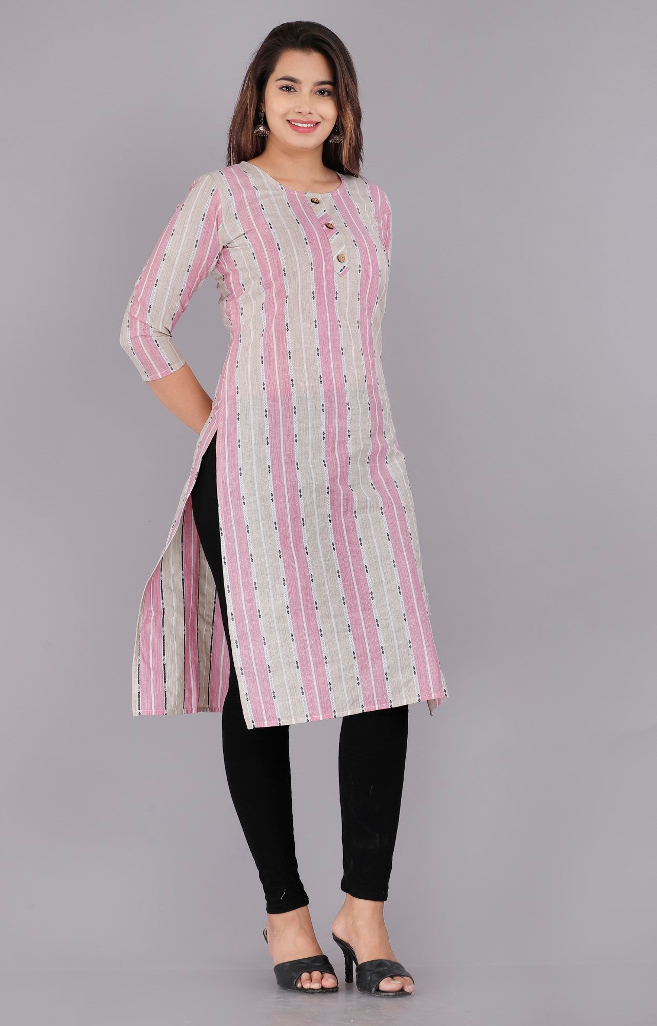 Pink Cotton Striped Print Straight Kurta-1117