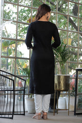 Black Cotton Blend  Solid Straight Embroidered Kurta-1118