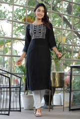 Black Cotton Blend  Solid Straight Embroidered Kurta-1118