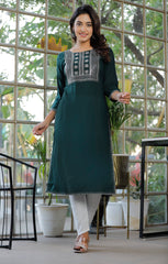 Green Cotton Blend  Solid Print Straight Kurta-1118