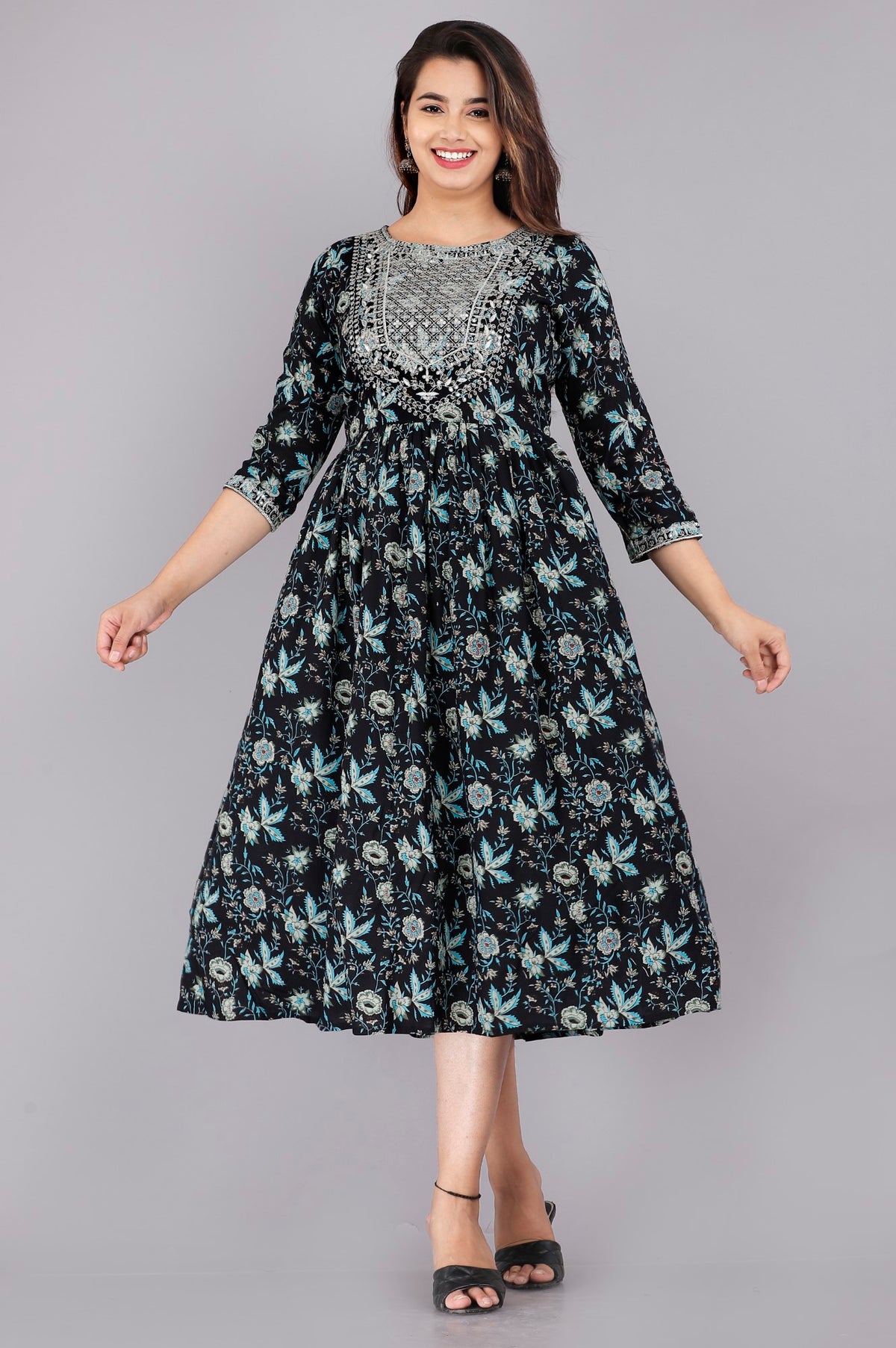 Black Cotton Blend Printed Anarkali Kurta-1124