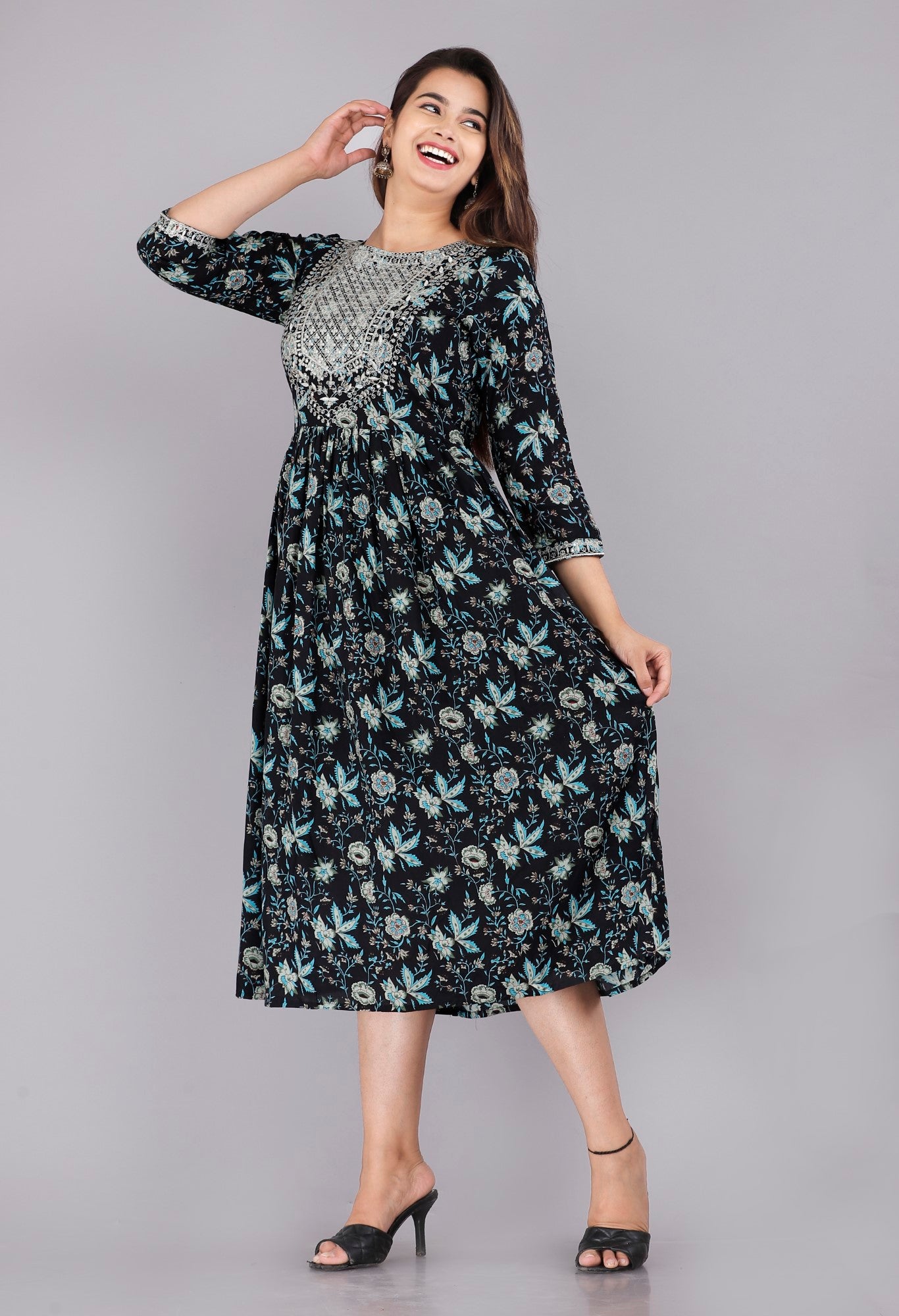 Black Cotton Blend Printed Anarkali Kurta-1124